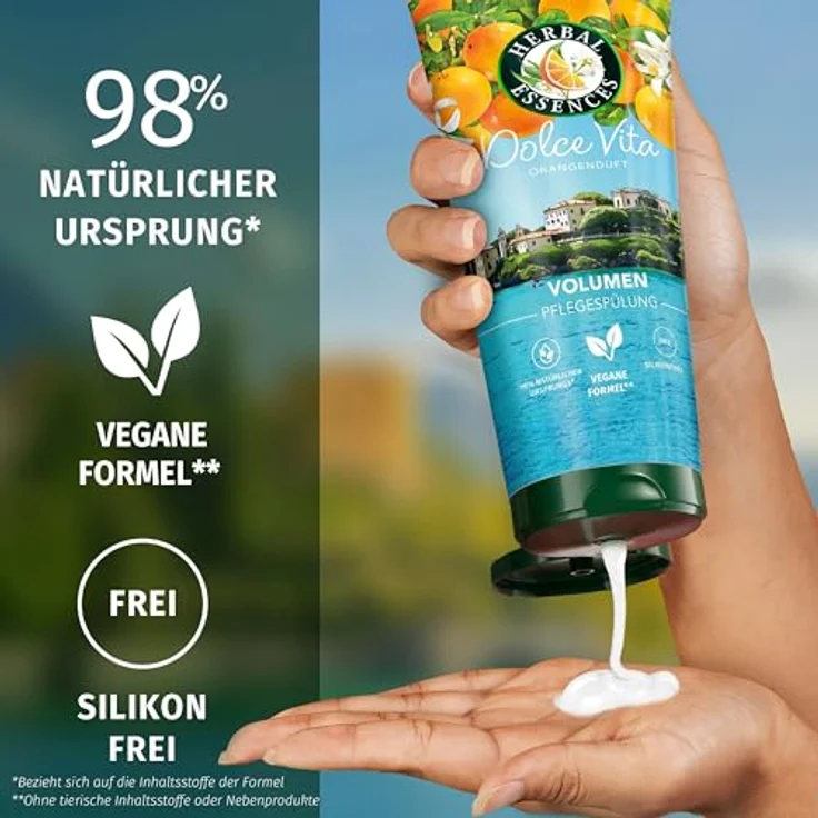 Herbal Essences Volumen Spülung mit Orangenduft 250ml, Leichte Pflegeformulierung für mehr Volumen, Vegan, 98% natürliche Inhaltsstoffe, ohne Silikone – Bild 5