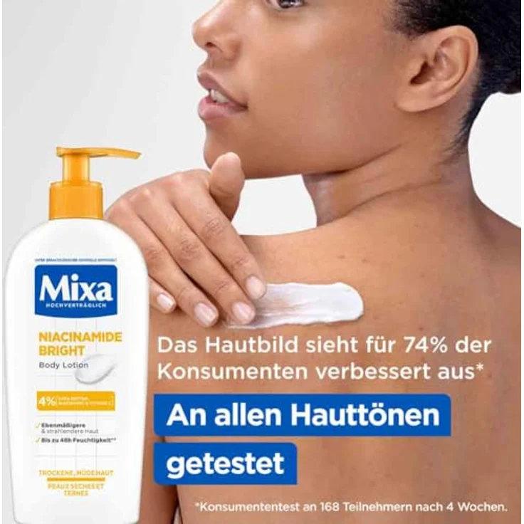 Mixa feuchtigkeitsspendende Bodylotion Niacinamide Bright, hypoallergen, geeignet für Gesicht, Körper & Hände, 250 ml – Bild 5
