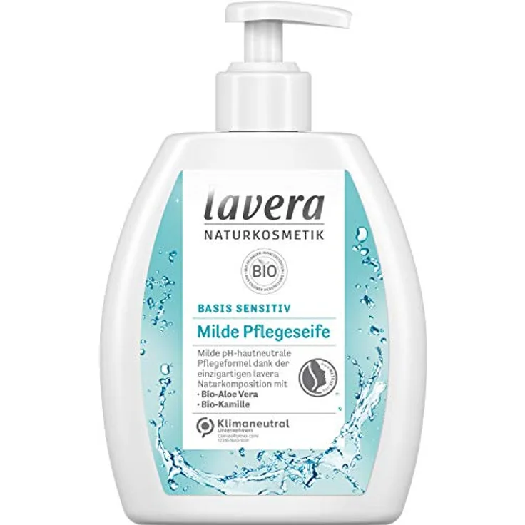 lavera basis sensitiv milde Pflegeseife – Flüssigseife mit Bio-Aloe Vera & Bio-Kamille - verträglich ohne die Hände auszutrocknen - pH-hautneutral - Naturkosmetik - vegan - Bio (6 x 250 ml)