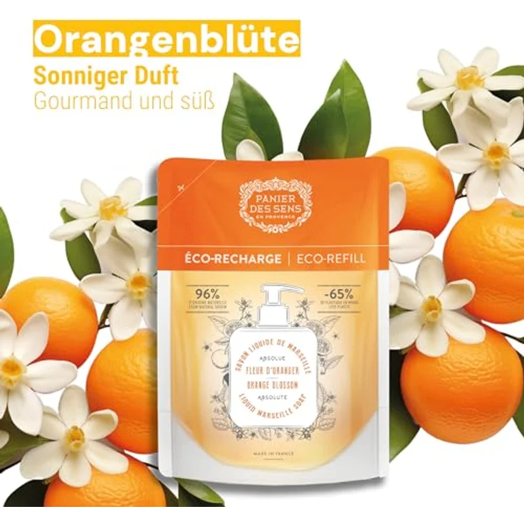 Panier des Sens Marseiller Flüssige Handseife Nachfüller, Orangenblüten, 97% natürliche Inhaltsstoffe, feuchtigkeitsspendend mit Kokosnussöl, 2x500 ml – Bild 2