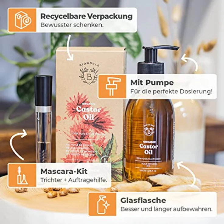 Bionoble Rizinusöl Bio 200ml - 100% Rein, Natürlich und Kaltgepresst - Wimpern, Augenbrauen, Haare, Bart, Nägel - Vegan und Cruelty Free - Castor Oil - Glasflasche + Pumpe + Mascara Kit – Bild 4