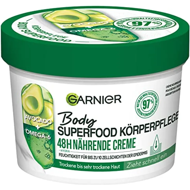 Garnier Nährende Körperpflege für trockene Haut, Body Butter mit Avocado und Omega 6, Für bis zu 48 Stunden Feuchtigkeit, Body Superfood, 1 x 380 ml