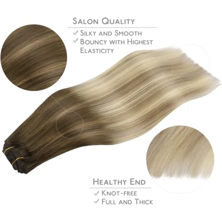 WENNALIFE Clip in Extensions Echthaar, 45cm, 120g, 7pcs, Ombré Walnuss Braun bis Ash Braun und Bleach Blonde, Remy Haarverlängerung – Bild 4