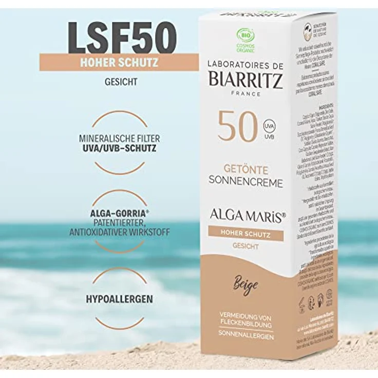 Laboratoires de Biarritz - Getönte Sonnencreme Gesicht - Beige - LSF50 ALGA MARIS® Bio-zertifiziert - Hydriert, mattiert, sorgt für ein gesundes Strahlen - 50 ml - Made in France – Bild 3