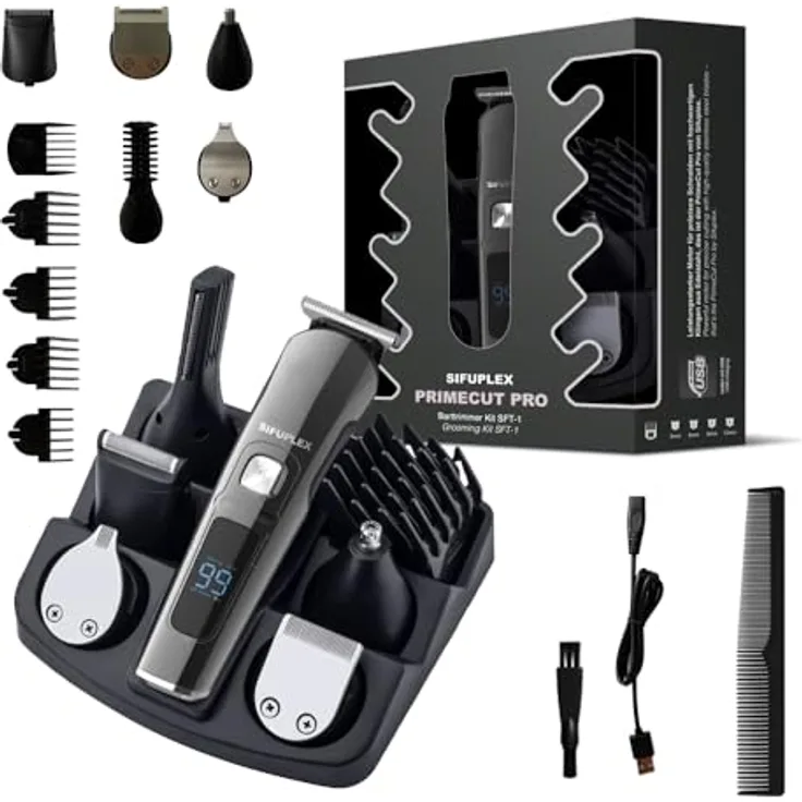 Sifuplex PrimeCut Pro Barttrimmer, Multifunktionstrimmer mit 5 Aufsätzen, Präzisions-Trimmer für Bart & Haare, 180 Minuten Akku, Edelstahl-Präzisionsklingen