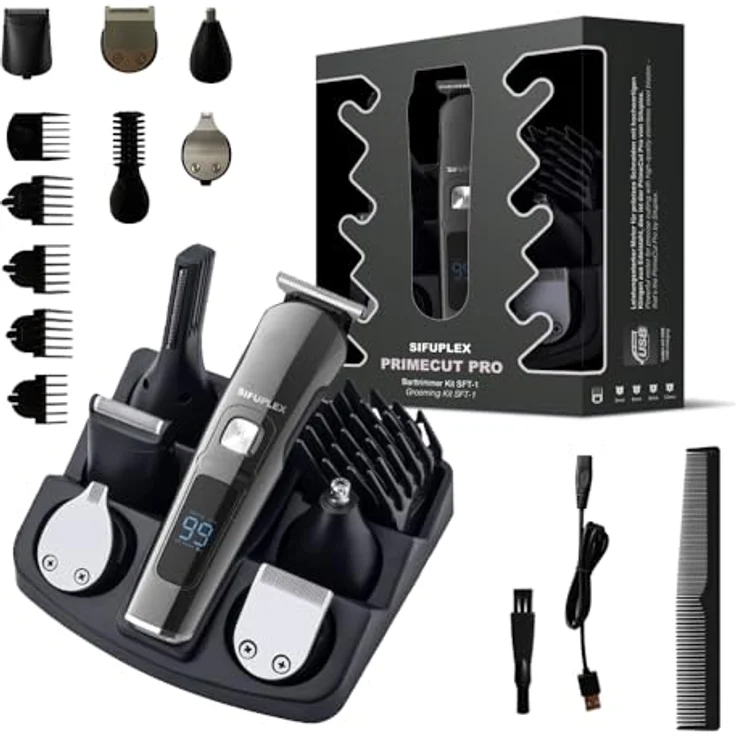 Sifuplex PrimeCut Pro Barttrimmer, Multifunktionstrimmer mit 5 Aufsätzen, Präzisions-Trimmer für Bart & Haare, 180 Minuten Akku, Edelstahl-Präzisionsklingen – Bild 1