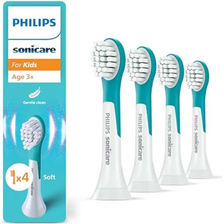 Philips Sonicare For Kids, Original Ersatzbürstenköpfe für Kinder ab 3 Jahren, 4er-Pack, HX6034/90, sanfte Reinigung, speziell für Kinder entwickelt, blau