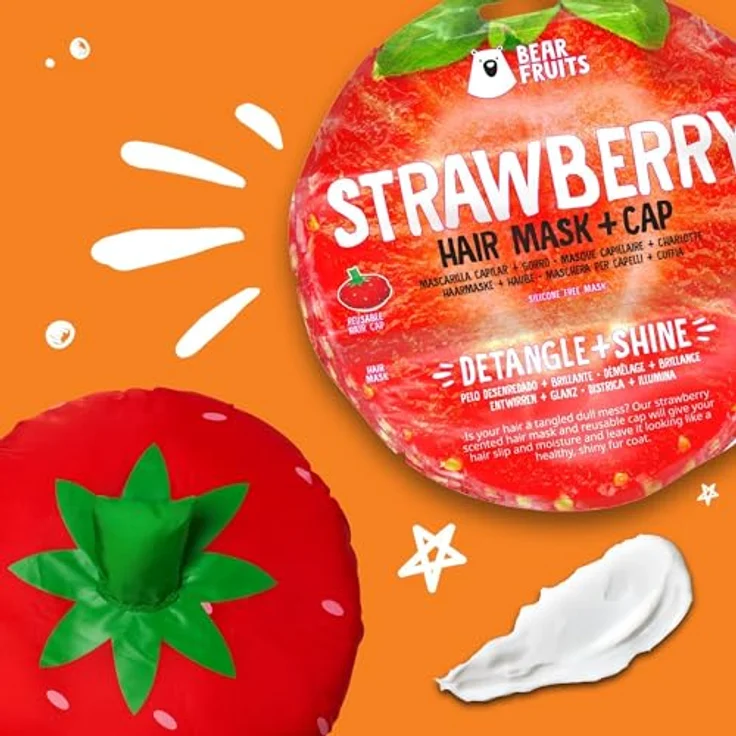Bear Fruits Strawberry Entwirren + Glanz Haarmaske mit wiederverwendbarer Haube, 20 ml - Pflegende Haarkur mit erdbeer-extrakten und erfrischendem Duft – Bild 3