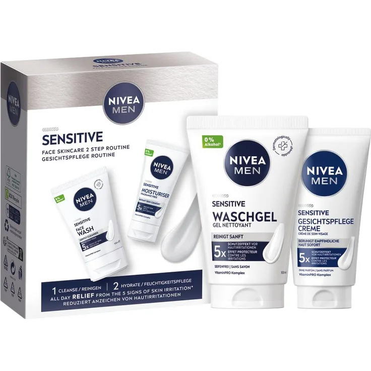 NIVEA MEN Sensitive Gesichtspflege Set, Waschgel 100 ml + Gesichtscreme 75 ml, für empfindliche Männerhaut, ohne Ethylalkohol
