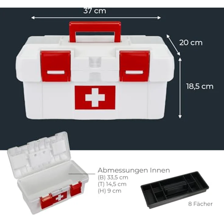 HMF Erste-Hilfe-Koffer, leerer Medizinbox zur Medikamenten Aufbewahrung, 37 x 20 x 18,5 cm, robust in Weiß-Rot mit herausnehmbaren Fächern – Bild 5