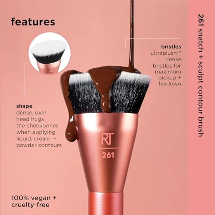 Real Techniques Snatch + Sculpt Contour Makeup Brush, For Liquid & Cream Contour & Bronzer, Flat Top & Oval Head For Blending & Buffing, Dense, Synthetic Bristles, Vegan & Cruelty Free, 1 Count – Bild 4