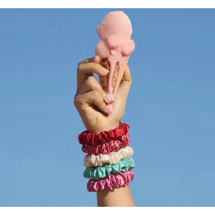 SLIP Midi Scrunchie Gelati Set, 5 Haargummis aus 100% Maulbeerseide in Sonnenuntergang, Gelati, Sonnenschutz, Bianca & Türkis, anti-falten, reduziert Haarbruch, sanft zum Haar – Bild 3