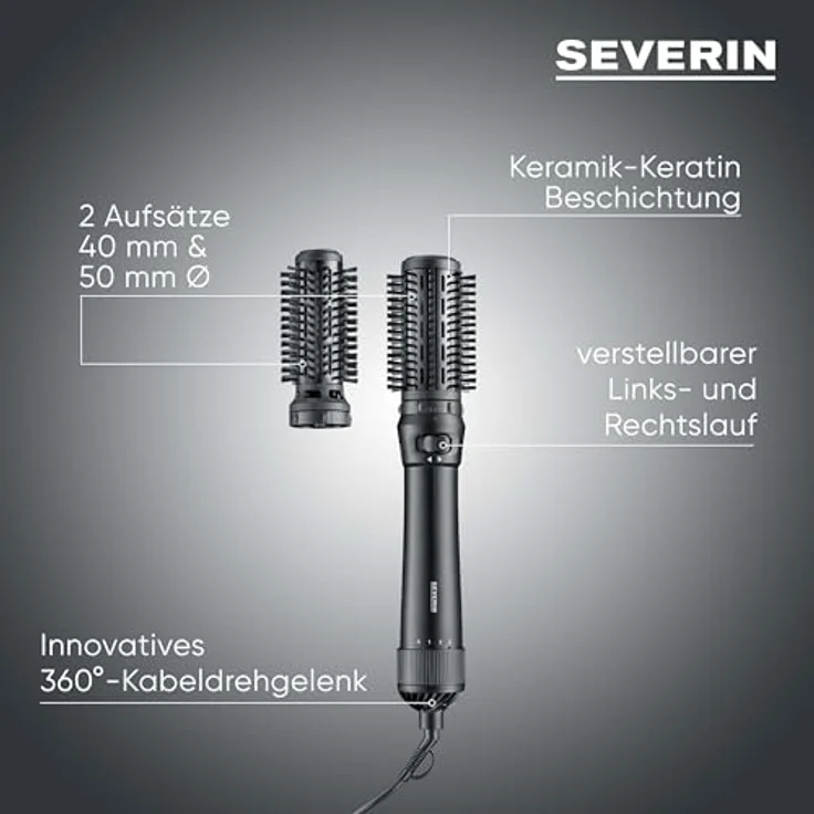 Severin SEV Warmluftbürste, 1000 Watt mit Keramikbeschichtung und 2 Aufsätzen, anthrazit – Bild 3