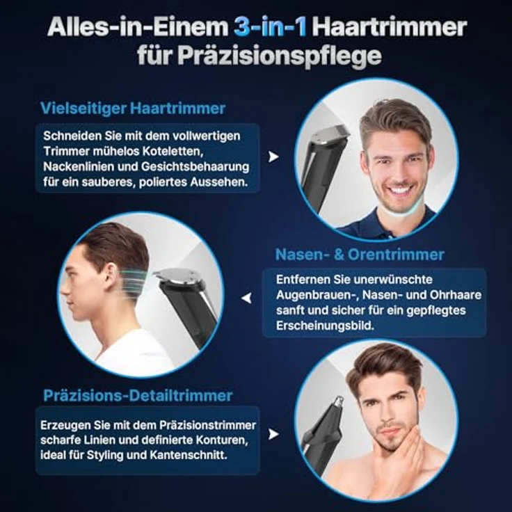 Valano Haarschneidemaschine 3 in 1 Set, Barttrimmer und Nasenhaartrimmer mit 9 Aufsätzen (1-16 mm), kabellos mit USB-Ladung und 90 Min. Laufzeit – Bild 2