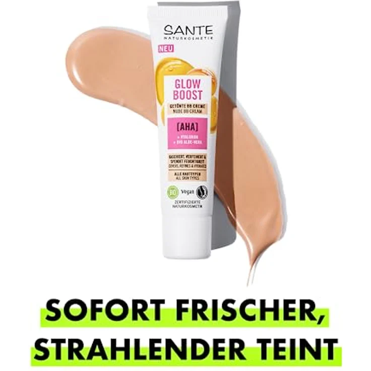 SANTE Naturkosmetik Glow Boost getönte BB Creme, pflegende Tagescreme mit AHA, Hyaluron und Bio-Aloe Vera, vegane Gesichtspflege für perfekten Glow mit Nude-Effekt, 30ml – Bild 4