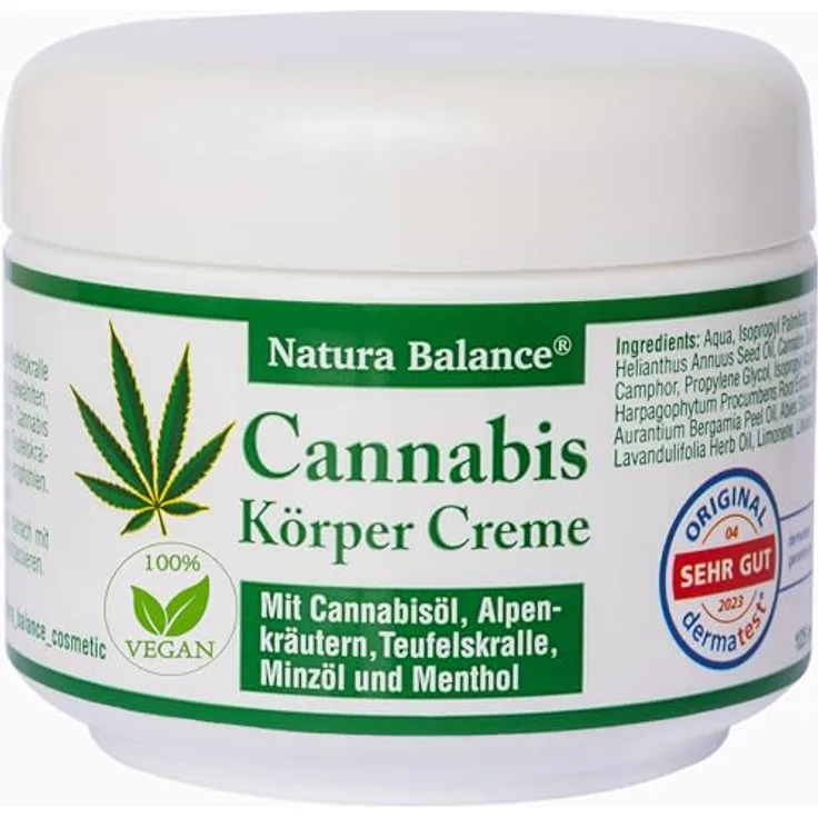 Natura Balance Körpercreme, Cannabis Körper Creme mit Alpenkräutern, 3 Dosen à 125ml, dermatologisch getestet, kühlend durch Menthol und Minzöl