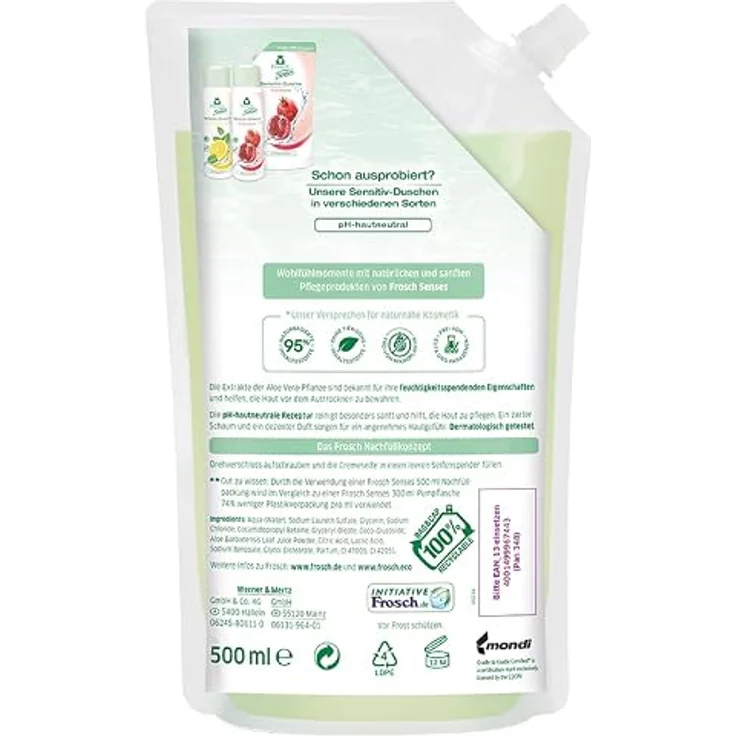 Frosch Senses Cremeseife Aloe Vera 500ml, hypoallergen & pH-hautneutral, vegan, Nachfüllbeutel – Bild 2