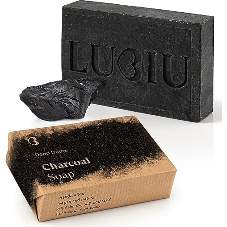 lubiu Aktivkohle-Seife 100g Deep Detox Charcoal Soap - Natürliche & Vegane schwarze Anti-Breakout-Seife (Black Soap) für Gesicht, Ganzkörper und Handwäsche - Handgefertigt in der EU