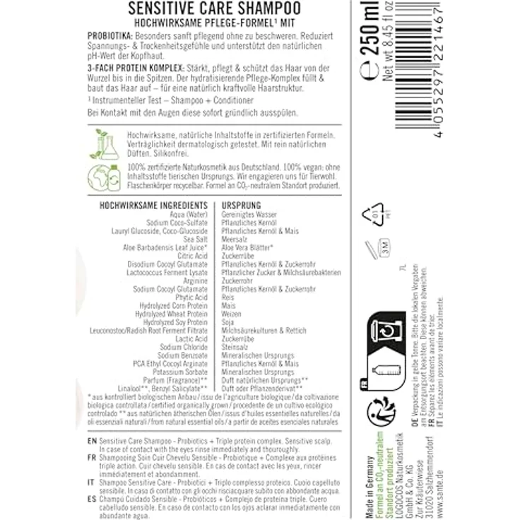Sante Naturkosmetik Sensitive Care Shampoo, 250 ml, feuchtigkeitsspendend & pH-ausgleichend – Bild 2