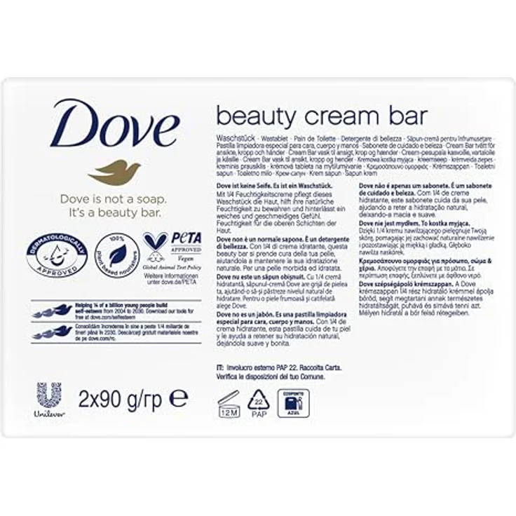 Dove Original Reinigungstablette, 1/4 Feuchtigkeitscreme, 2 x 90 g – für weiche Haut, ideal für Gesicht und Hände – Bild 3