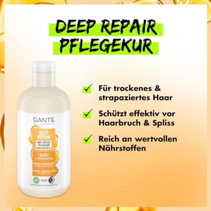 SANTE Naturkosmetik Deep Repair Anti Spliss Pflegekur Olive + Erbsenprotein, vegane Haarkur ohne Ausspülen, repariert strapaziertes Haar, für geschmeidiges und gestärktes Haar, 200 ml – Bild 4