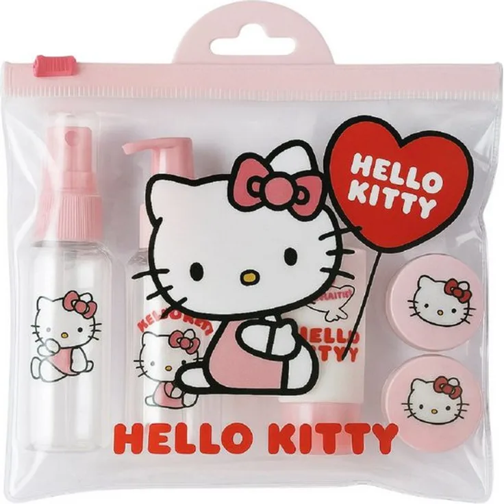 Hello Kitty Kulturbeutel Reiseset, Nachfüllbare Kosmetikflaschen im transparenten Reisebeutel mit Aufklebern zur Inhaltskennzeichnung