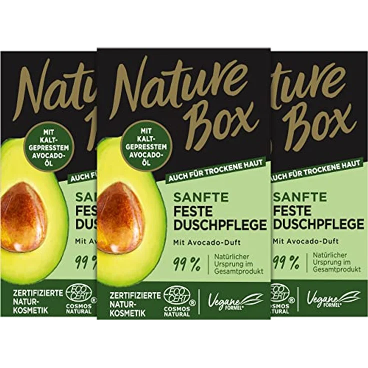 Nature Box Sanfte Feste Duschpflege mit Avocado-Duft (100 g), pflegende Duschseife mit kaltgepresstem Avocado-Öl, extra schäumendes festes Duschgel, recycelbare Verpackung – Bild 1