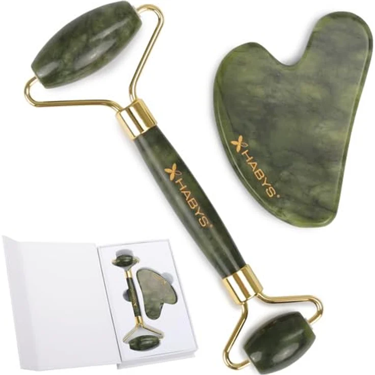 Habys Gua Sha Massage-Set, Jadeit mit Roller für Gesichtspflege in eleganter Magnetbox – Bild 1