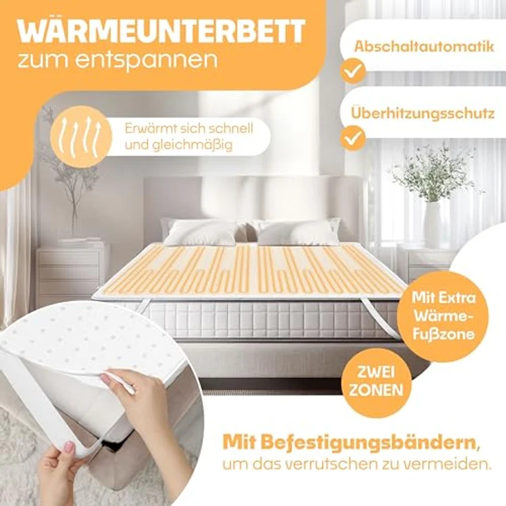 KESSER Wärmeunterbett mit Abschaltautomatik Fernbedienung Heizdecke mit 3 Temperaturstufen Wärmebettunterlage fürs Bett Matratzenheizung Wärmedecke aus weichem Vlies Heizkissen 160x140cm, Weiß – Bild 3