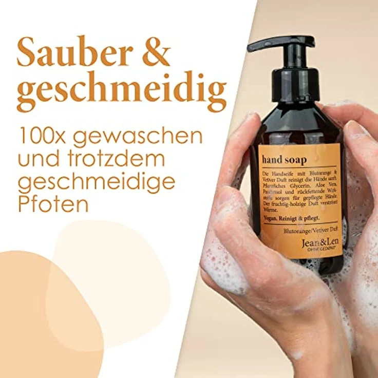Jean & Len Handseife Blutorange & Vetiver, reinigt Hände sanft, Flüssigseife im Pumpspender für reine und gepflegte Hände, fruchtig-holziger Duft, ohne Parabene, Silikone & Mikroplastik, vegan, 250 ml – Bild 3