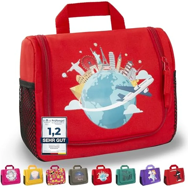 GRINSEZWERGE Kulturtasche Reise Kulturbeutel mit 12 Motiven, 25 x 20 x 8 cm, zum Aufhängen mit Metallhaken, 3 Reißverschluss- & 4 Netztaschen, inkl. herausnehmbaren Spiegel, für Kinder und Erwachsene – Bild 1