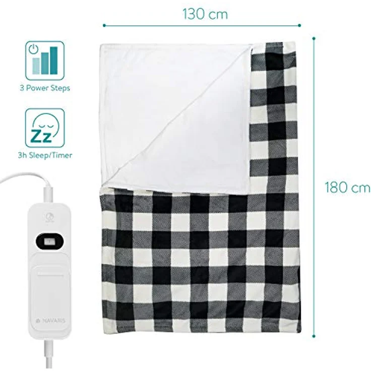 Navaris Heizdecke, XXL Elektrische Wärme Decke 180x130cm 3 Wärmestufen Abschaltautomatik waschmaschinengeeignet Kuschelige Bett Wärmedecke kariert schwarz, weiß – Bild 7
