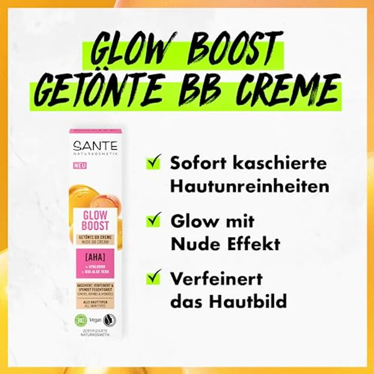 SANTE Naturkosmetik Glow Boost getönte BB Creme, pflegende Tagescreme mit AHA, Hyaluron und Bio-Aloe Vera, vegane Gesichtspflege für perfekten Glow mit Nude-Effekt, 30ml – Bild 3