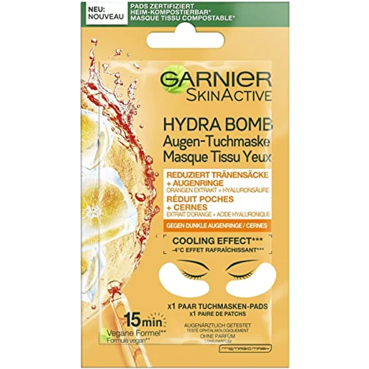 Garnier Augen-Tuchmaske, Feuchtigkeitsspendend, Gegen dunkle Augenringe, Reduzierung von Tränensäcken, Vegane Formel mit Orangen-Extrakt und Hyaluronsäure, Hydra Bomb, 6 g – Bild 1