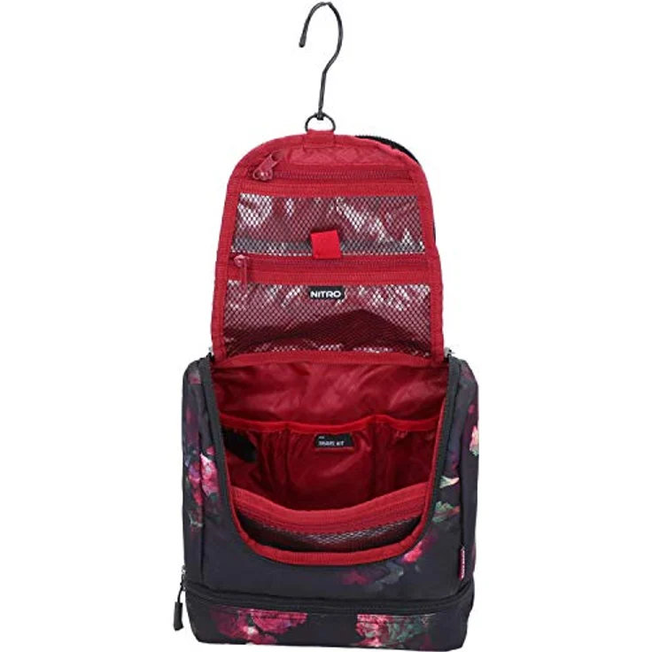 Travel Kit stylische Reisewaschtasche mit extra Bodenfach Kulturbeutel zum Aufhängen Kosmetiktasche mit vielen Staufächern für Reisen und Campen Toiletry Bag, 25x24x11 cm, Black Rose – Bild 5