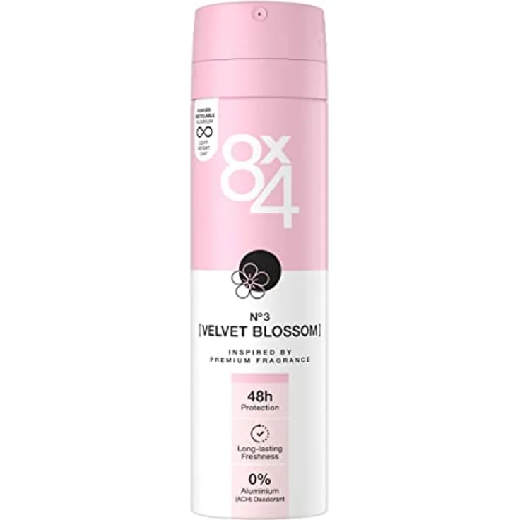8X4 N°3 Velvet Blossom Deospray (150 ml), floral-fruchtiger Duft, Deo ohne Aluminium (ACH), Deodorant mit 48h Schutz für jeden Hauttyp
