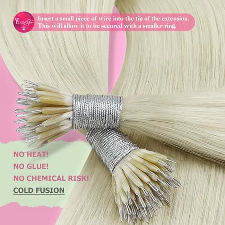 YoungSee Nanoring Extensions, Echthaar Blond 50cm, 50g, Platinblond, schonende Anwendung ohne Kleber und Hitze, ideal für feines Haar – Bild 4