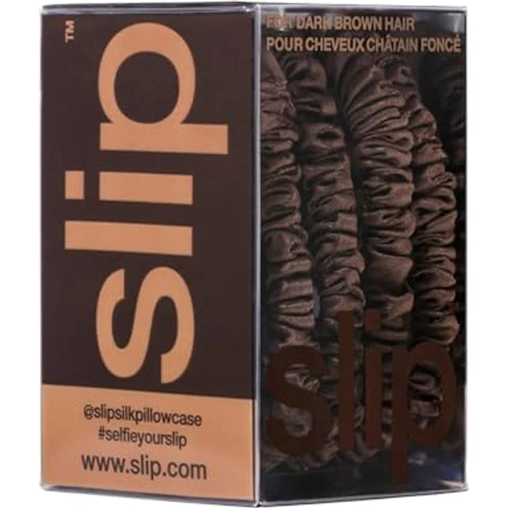 Slip Silk Skinny Scrunchies - vierteiliges Zopfgummi Set aus Seide - haarschonende Haargummis gegen Haarbruch - aus 100% Maulbeerseide - 1 x 4 Stück - Dunkelbraun – Bild 3