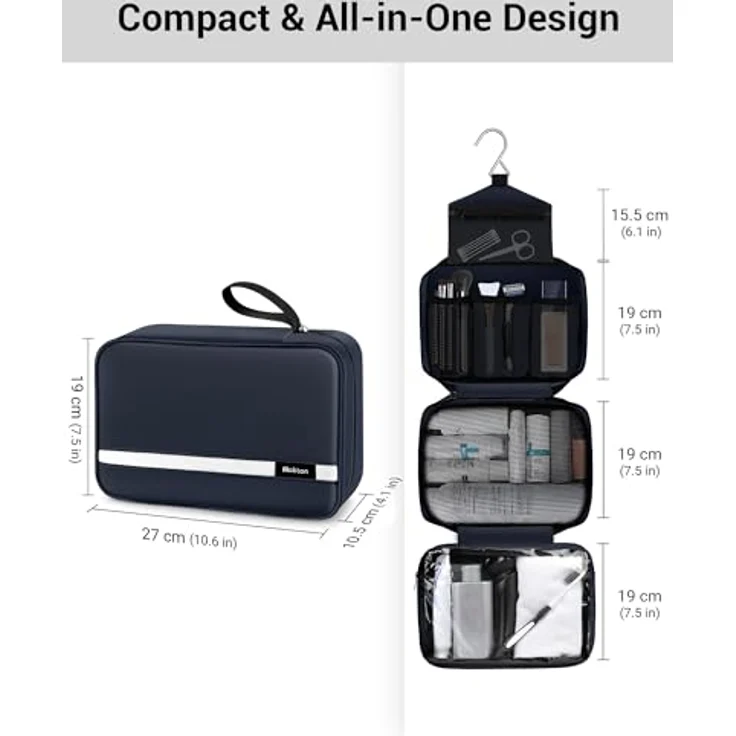 Maliton Kulturbeutel zum Aufhängen, wasserdicht, große Reisetasche mit 4 Fächern, faltbar und kompakt, navy blue – Bild 3