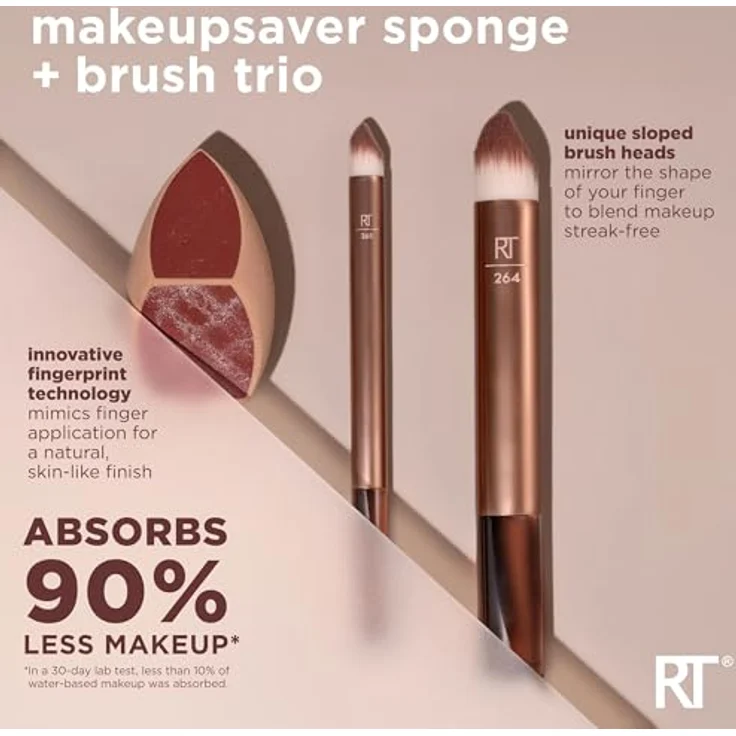 Real Techniques Makeupsaver Schwamm + Pinsel Trio, Make-up Blending Schwamm & Pinsel für flüssige & Cremeformulierungen, imitiert Fingeranwendung & reduziert Make-up-Abfall, tierversuchsfrei & – Bild 2