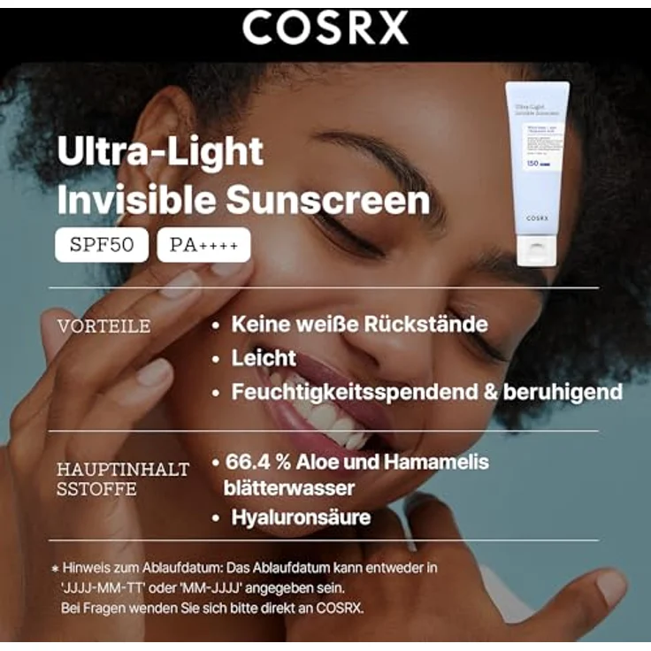 Cosrx Ultra-Light Invisible Sunscreen SPF50, 50 ml, hoher UVA- und UVB-Schutz, für empfindliche Haut, mit Aloe Vera und Niacinamid – Bild 2