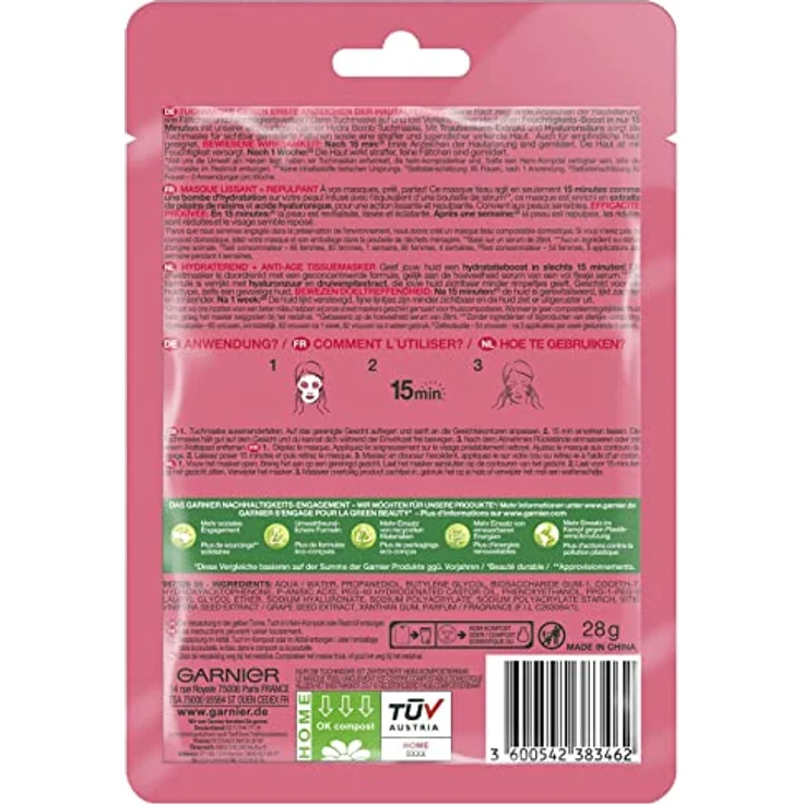 Garnier Hydra Bomb Tuchmaske, Gesichtsmaske für erste Anzeichen der Hautalterung, Straffend, aufpolsternd und feuchtigkeitsspendend, Mit Hyaluronsäure und Traubenkern-Extrakt, 28 g – Bild 2
