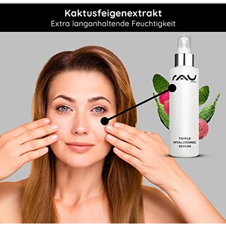 RAU Cosmetics Hyaluron Serum Hochdosiert - Triple Hyaluronic Serum 100 ml - Feuchtigkeitsboost mit 3 Hyaluronsäuren & Kaktusfeigen Extrakt - Anti-Aging Serum – Bild 5