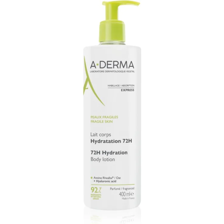A-Derma Basispflege Body Lotion 72h Hydration, feuchtigkeitsspendende Bodylotion, 400 ml, vegan, natürliche Inhaltsstoffe
