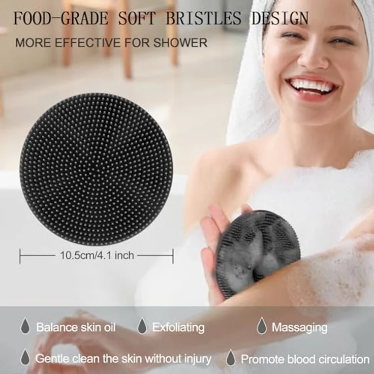 INNERNEED Körperschrubber aus lebensmittelechtem Silikon, Duschbürste mit ergonomischem Griff, sanftes Peeling, Schwarz+Grau – Bild 3