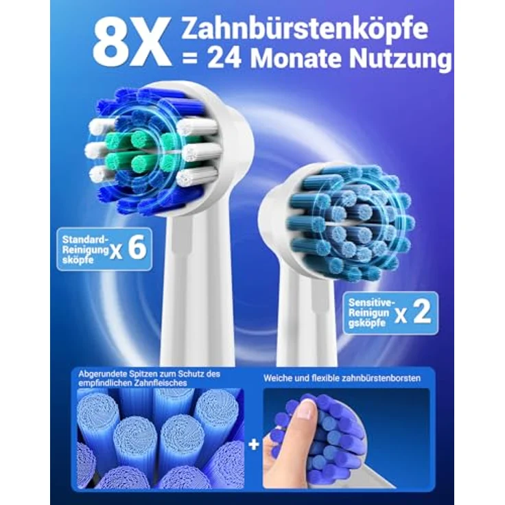 YTEATH PRO Rotierende Elektrische Zahnbürste für Erwachsene und Kinder, 8 Aufsteckbürsten, 5 Putzmodi, Wandladestation und Reiseetui, Gold, 60 Tage Akkulaufzeit – Bild 4
