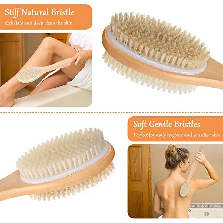 URAQT Doppelseitige Rückenbürste, Naturborsten Badebürste mit langem Holzgriff für Peeling und Massage, 44 cm – Bild 3