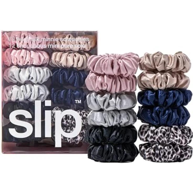 SLIP Silk Pure Silk Minnie Scrunchies - 100% reine 22 Momme Maulbeerseide - Haarfreundliches HaargummiSet in Rosa, Karamell, Silber, Marineblau, Leopard & Schwarz – Bild 1