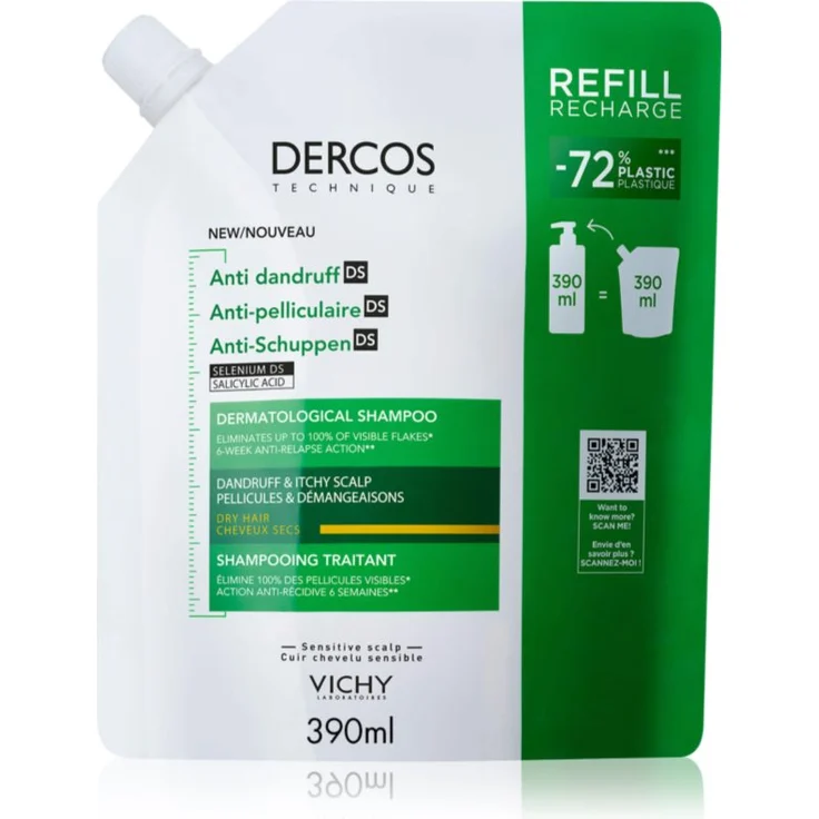 Vichy Dercos Anti-Dandruff Shampoo, 390 ml, gegen Schuppen für trockenes Haar, reinigend und nährend