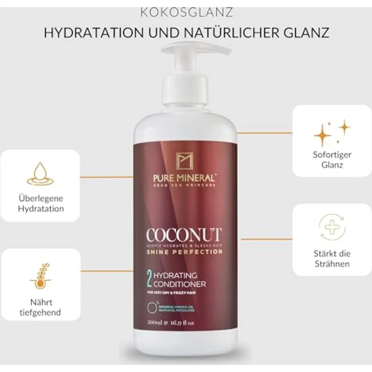 M PURE MINERAL DEAD SEA COSMETICS Pure Mineral, Spülung mit Kokosöl, feuchtigkeitsspendend, ohne Sulfate, Parabene, Petrolate, 500ml – Bild 2